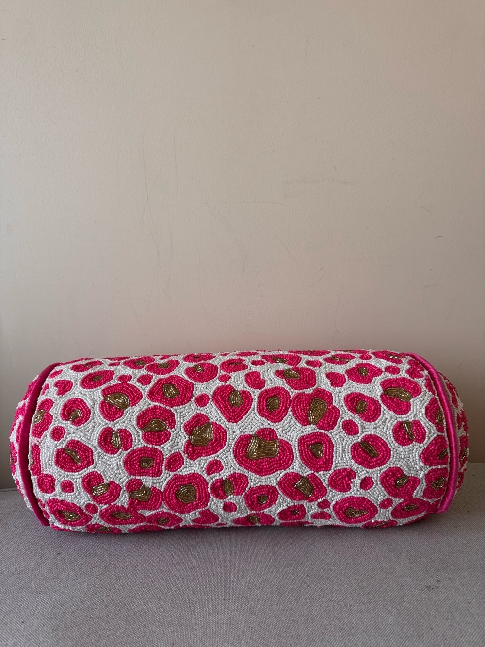 Beaded Cylindrical pillow  Pink White Gold decorative  animal print